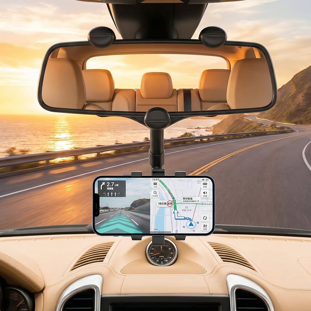 360 Degree Car Rear View Mirror Mobile Phone Holder  Adjustable  Secure Fit