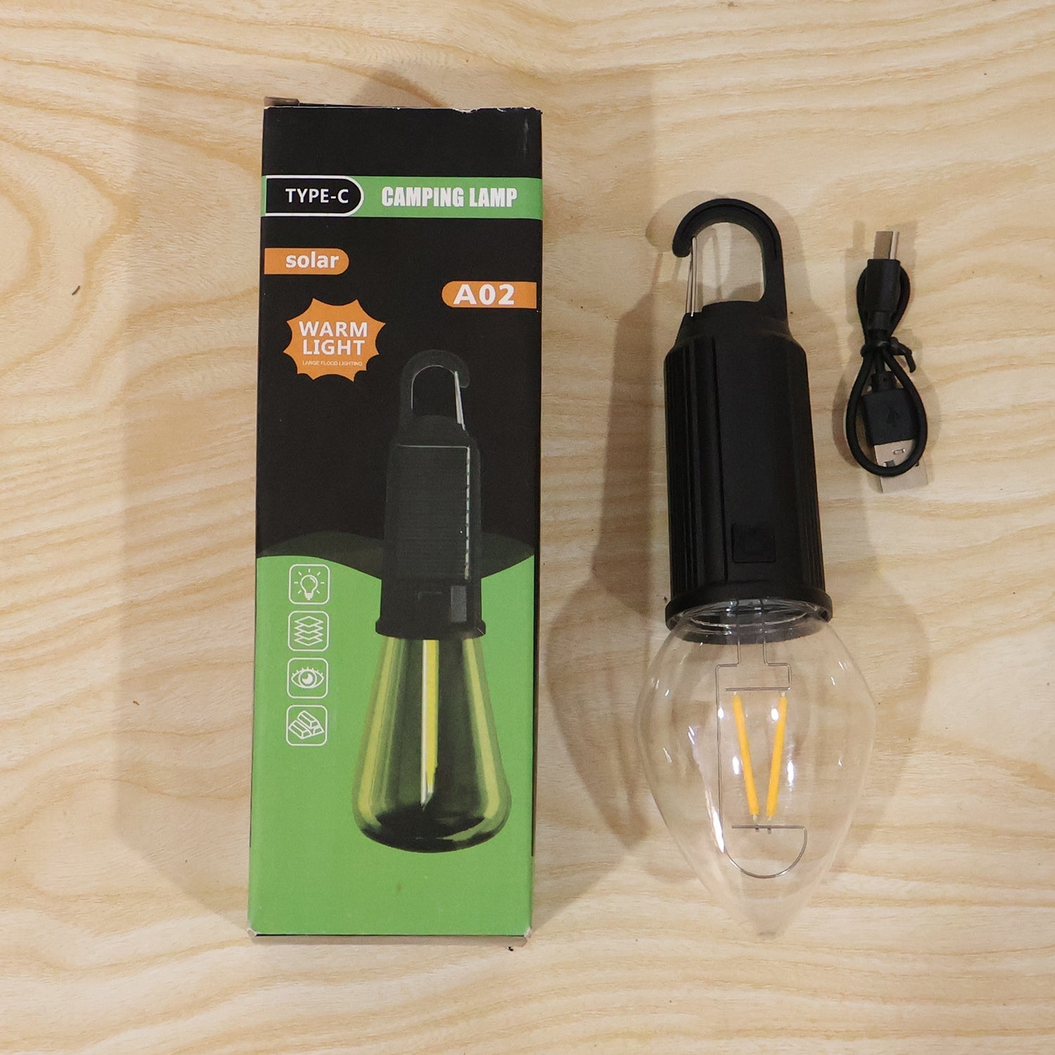 Solar Rechargeable Camping Lamp With Carabiner Clip Warm Led Bulb Light (1 Pc)