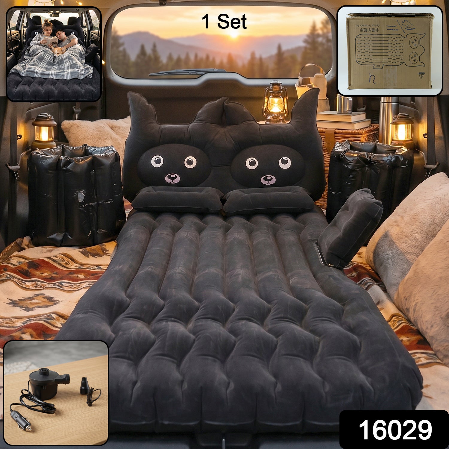 Cute Car Air Mattress Set With Black Cat Pillow For Comfortable Sleeping On The Go (1 Set)