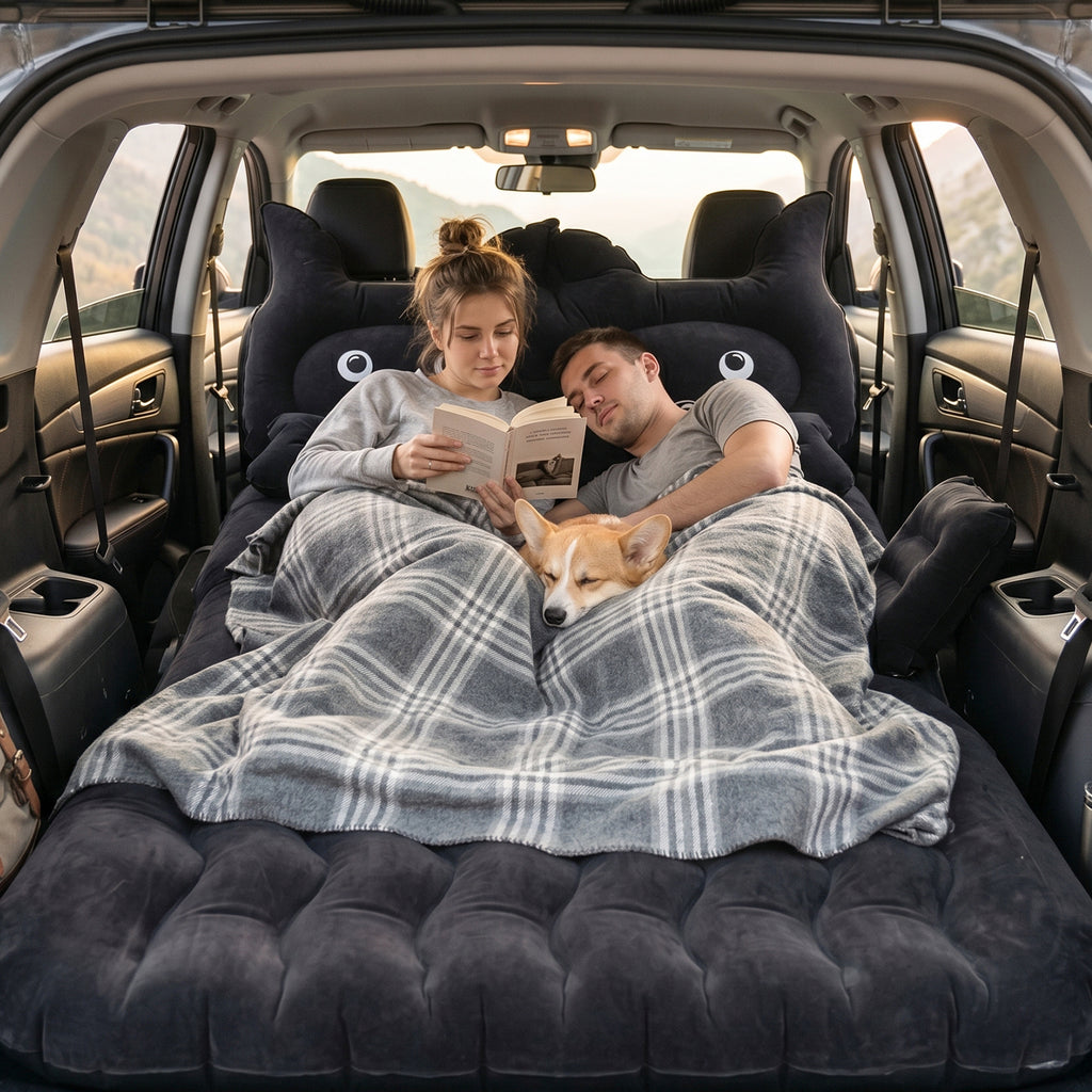 Cute Car Air Mattress Set With Black Cat Pillow For Comfortable Sleeping On The Go (1 Set)