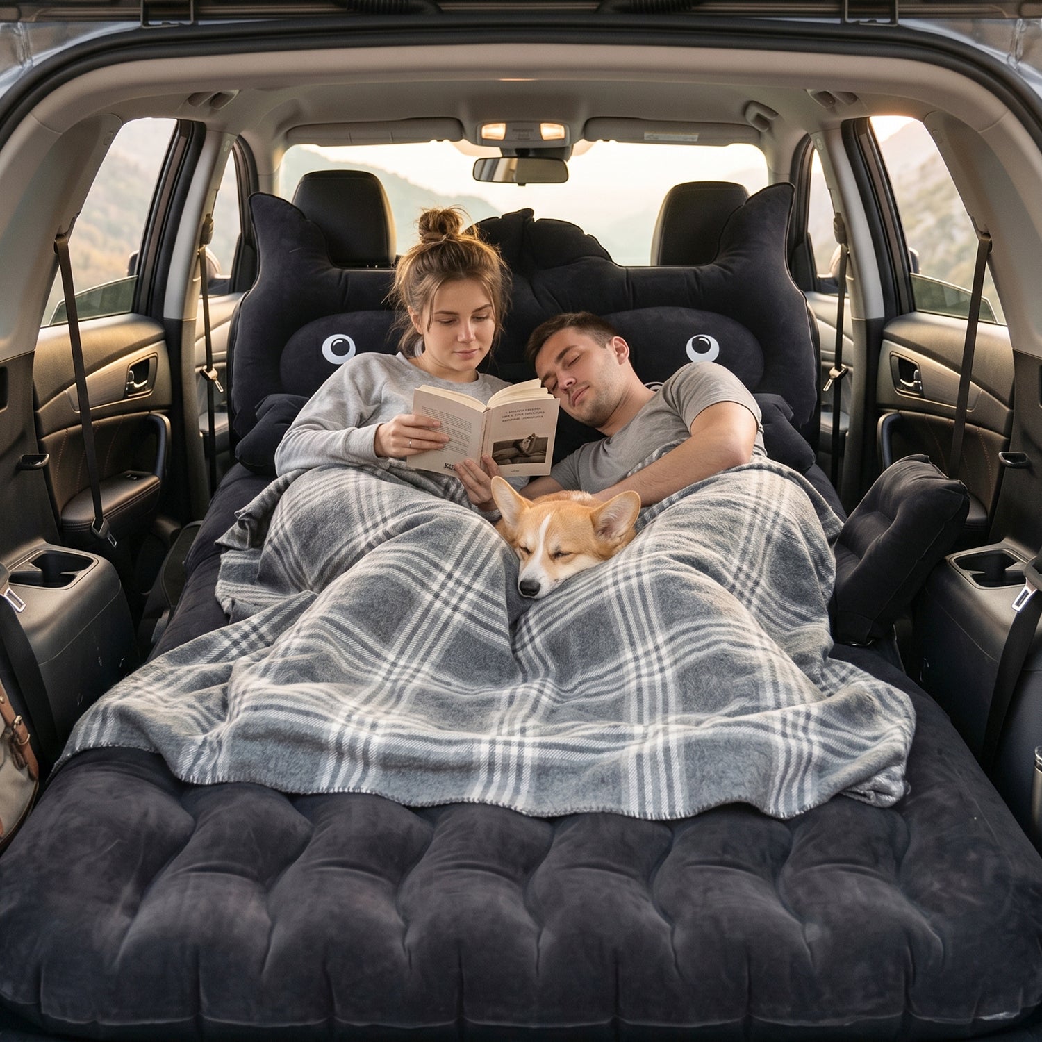 Cute Car Air Mattress Set With Black Cat Pillow For Comfortable Sleeping On The Go (1 Set)