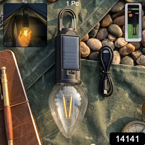 Solar Rechargeable Camping Lamp With Carabiner Clip Warm Led Bulb Light (1 Pc)