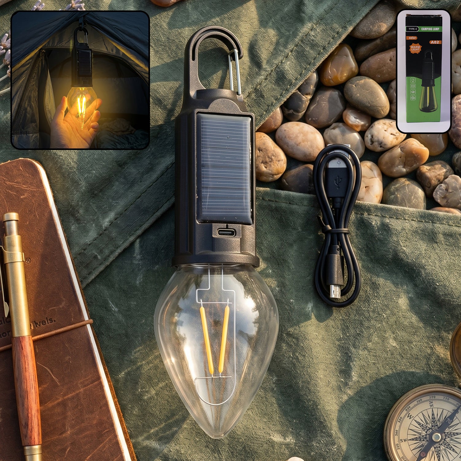 Solar Rechargeable Camping Lamp With Carabiner Clip Warm Led Bulb Light (1 Pc)