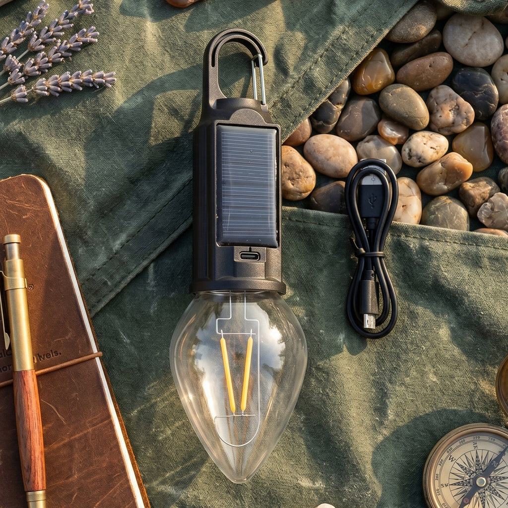 Solar Rechargeable Camping Lamp With Carabiner Clip Warm Led Bulb Light (1 Pc)
