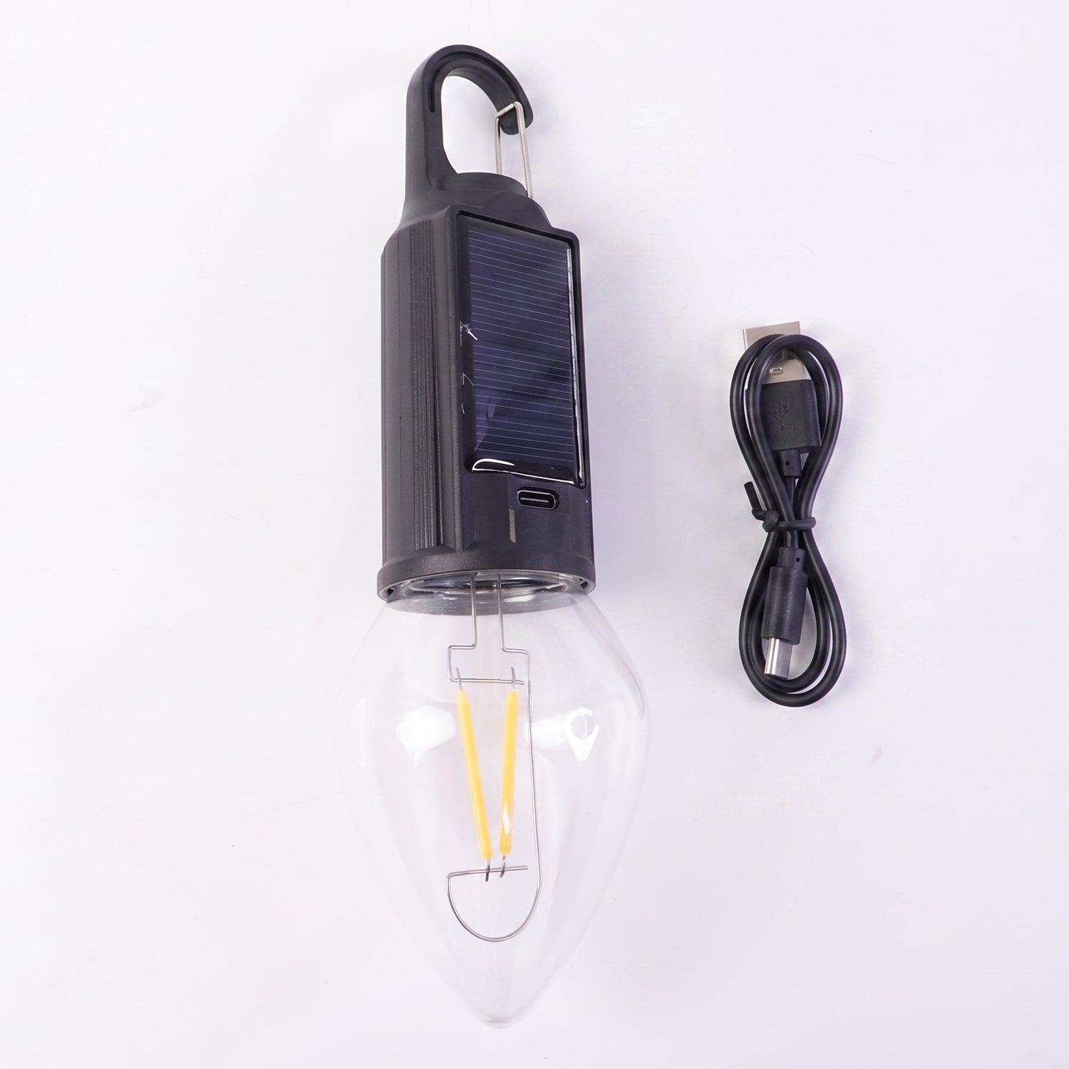 Solar Rechargeable Camping Lamp With Carabiner Clip Warm Led Bulb Light (1 Pc)